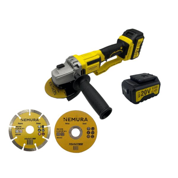 Meuleuse d'angle 115mm sans fil 20V brushless NEMURA + 2 Batteries 4Ah + Chargeur rapide + 3 disques