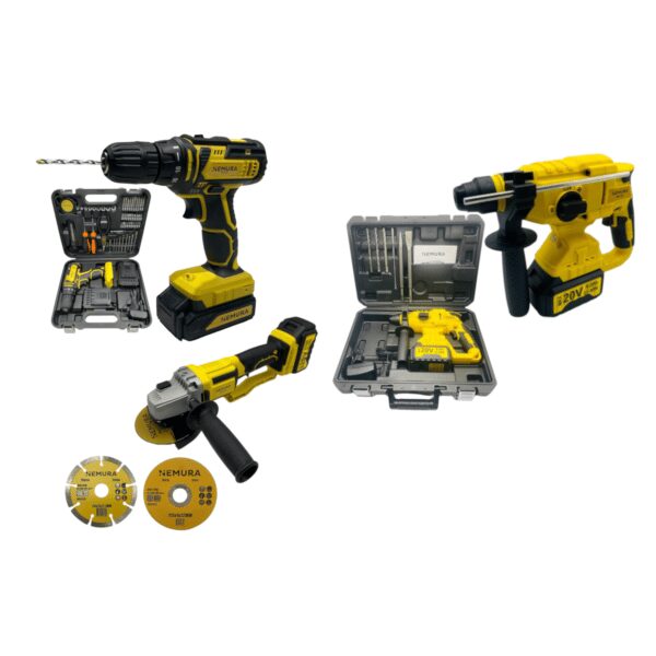 Pack 3 outils 20V - Perceuse, Perforateur, Meuleuse 115mm + 3 batteries + 2 mallettes de rangement + 2 Chargeurs