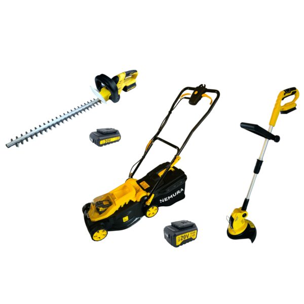 Pack 3 outils Tondeuse, Taille-haies et coupe-bordure NEMURA 20V + 2 Batteries + 2 Chargeur rapide