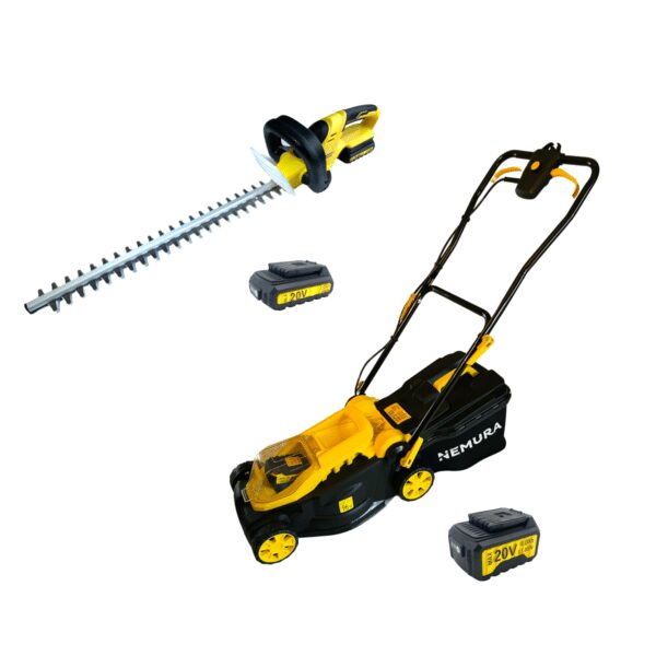 Pack 2 outils Tondeuse et taille-haies NEMURA 20V + 2 Batteries + Chargeur rapide