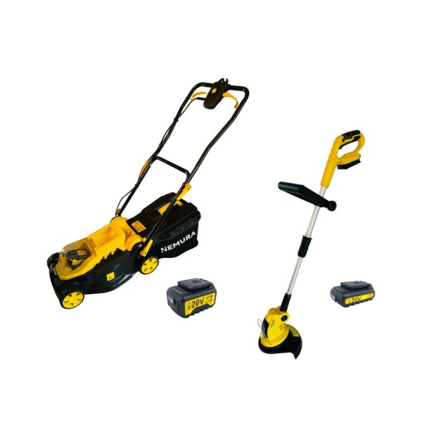Pack 2 outils Tondeuse et coupe-bordure NEMURA 20V + 2 Batteries + Chargeur rapide