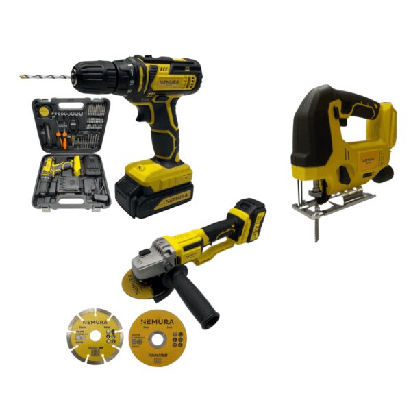 Pack 3 outils Perceuse, Meuleuse, Scie Sauteuse NEMURA 20V + 3 batteries + Chargeur