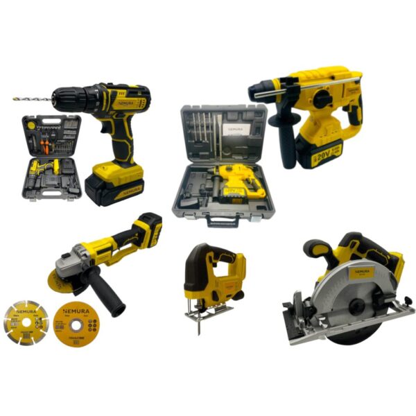 Pack 5 outils Perceuse Visseuse, Marteau Perforateur, Scie Sauteuse, Scie Circulaire, Meuleuse d'Angle NEMURA 20V + 3 batteries + Chargeur