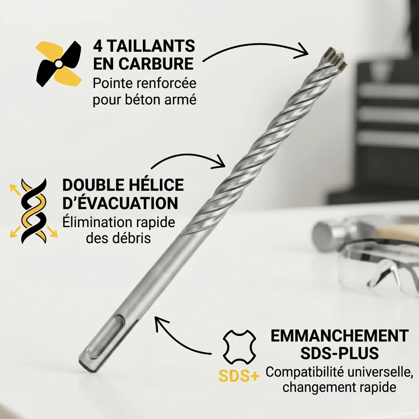 Image du Coffret de 8 Forets SDS+ pour Béton Armé - Pointe en carbure de Tungstène renforcé et 4 taillants - Qualité professionnelle et de ses avantages