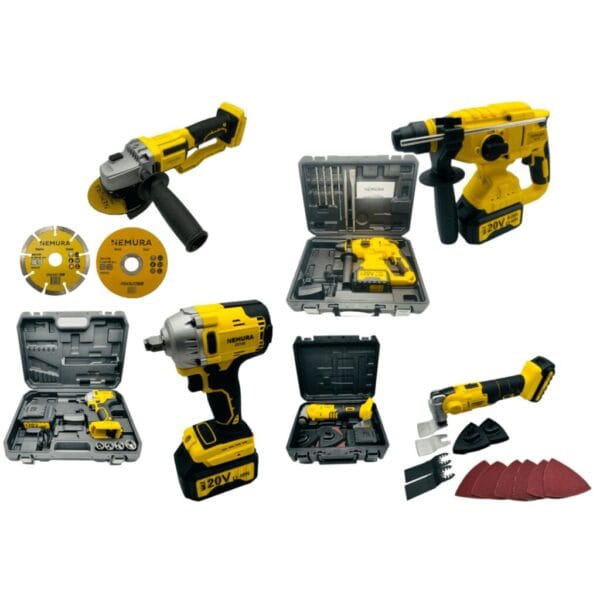 Pack 4 outils Clé a Chocs, Outil Multifonction, Marteau Perforateur, Meuleuse d'Angle + 3 batteries + Chargeur Rapide