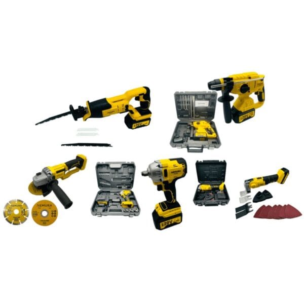 Pack 5 outils Clé a Chocs, Outil Multifonction, Marteau Perforateur, Meuleuse d'Angle, Scie Sabre + 3 batteries + Chargeur Rapide