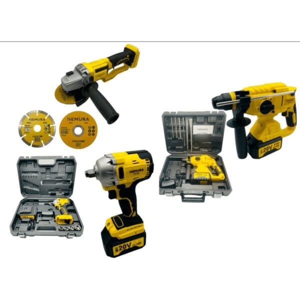 Pack 3 outils Clé a Chocs, Marteau Perforateur, Meuleuse d'Angle + 2 batteries + Chargeur Rapide