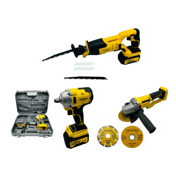 Pack 3 outils Clé a Chocs, Scie Sabre, Meuleuse d'Angle + 2 batteries + Chargeur Rapide