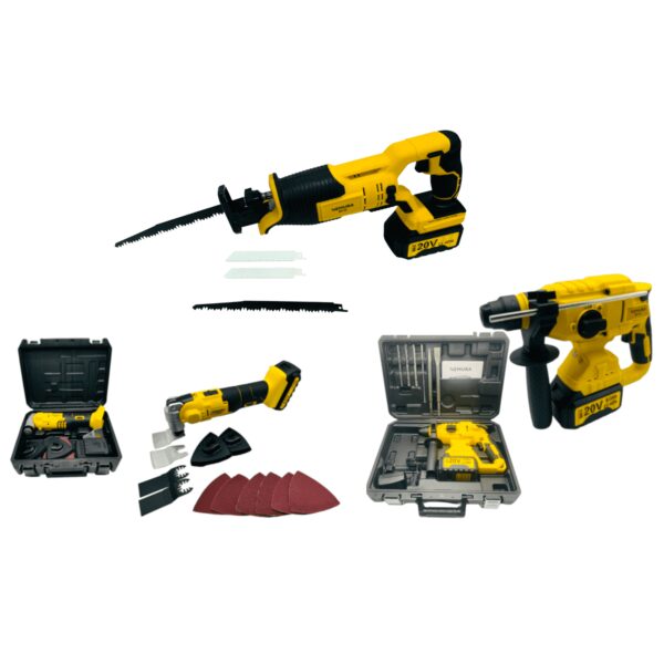 Pack 3 outils Scie Sabre, Outil Multifonction, Marteau Perforateur + 2 batteries + Chargeur Rapide