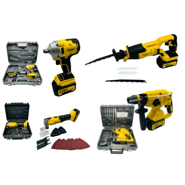 Pack 4 outils Clé a Chocs, Outil Multifonction, Marteau Perforateur, Scie Sabre + 3 batteries + Chargeur Rapide