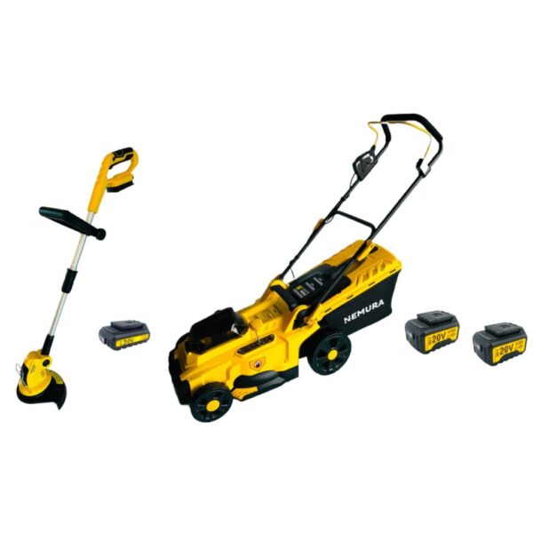 Pack 2 outils Tondeuse et coupe-bordure NEMURA 20V + 3 Batteries + 2 Chargeurs rapide