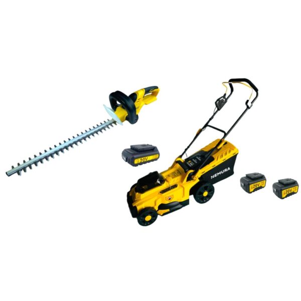 Pack 2 outils Tondeuse et Taille-Haies NEMURA 20V + 3 Batteries + 2 Chargeurs rapide