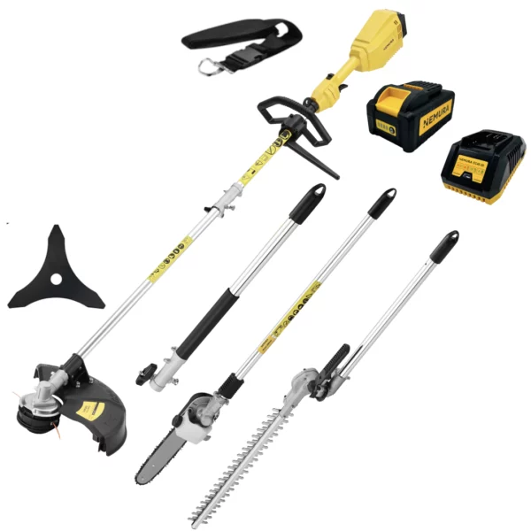 Kit débroussailleuse multifonction 4 en 1 Némura 40V avec élagueuse sur perche, taille-haies, coupe-bordures, batterie 4 Ah et chargeur rapide