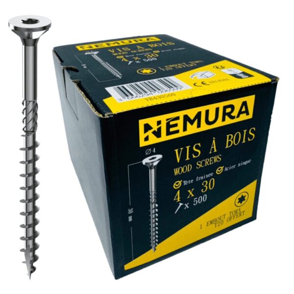 Lot de 500 Vis à Bois 4 x 30 mm - en Acier Zingué à Tête Fraisée - vis à bois Torx - Visses Spéciales pour Bois et Aggloméré- Haute Qualité Durable - Marque Francaise