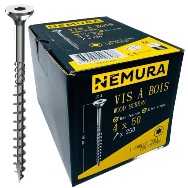 Lot de 250 Vis à Bois 4 x 50 mm - en Acier Zingué à Tête Fraisée - vis à bois Torx - Visses Spéciales pour Bois et Aggloméré- Haute Qualité Durable - Marque Francaise