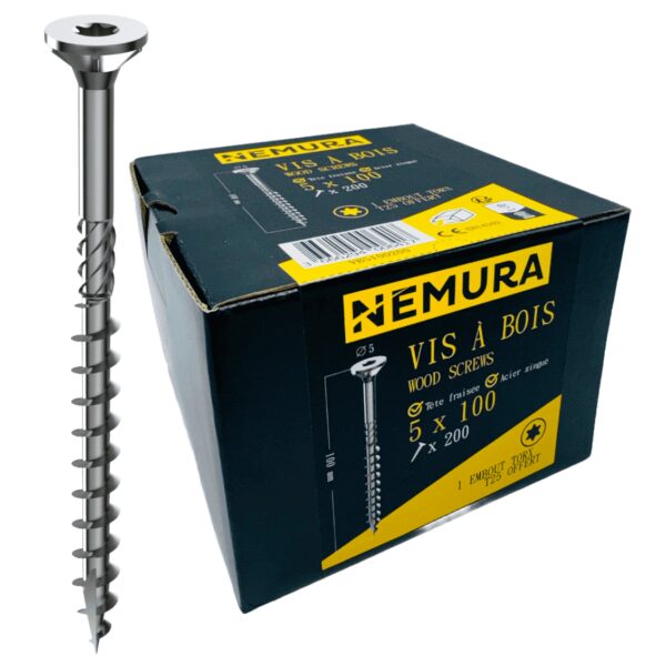 Lot de 100 Vis à Bois 5 x 100 mm - en Acier Zingué à Tête Fraisée - vis à bois Torx - Visses Spéciales pour Bois et Aggloméré- Haute Qualité Durable - Marque Francaise
