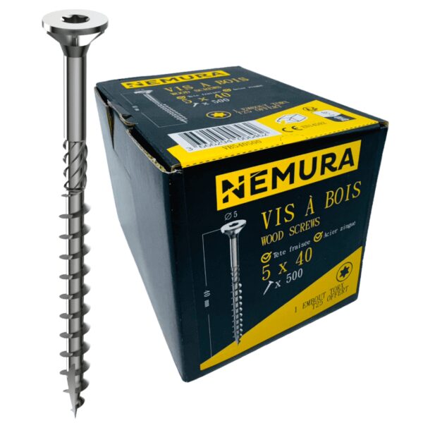 Lot de 500 Vis à Bois 5 x 40 mm - en Acier Zingué à Tête Fraisée - vis à bois Torx - Visses Spéciales pour Bois et Aggloméré- Haute Qualité Durable - Marque Francaise