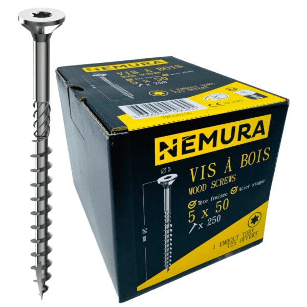 Lot de 250 Vis à Bois 5 x 50 mm - en Acier Zingué à Tête Fraisée - vis à bois Torx - Visses Spéciales pour Bois et Aggloméré- Haute Qualité Durable - Marque Francaise