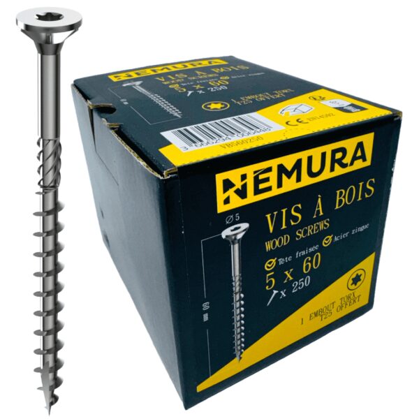 Lot de 250 Vis à Bois 5 x 60 mm - en Acier Zingué à Tête Fraisée - vis à bois Torx - Visses Spéciales pour Bois et Aggloméré- Haute Qualité Durable - Marque Francaise