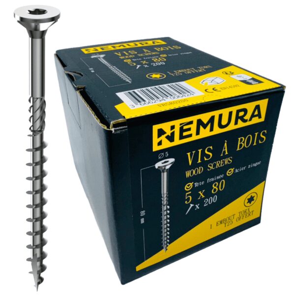 Lot de 200 Vis à Bois 5 x 80 mm - en Acier Zingué à Tête Fraisée - vis à bois Torx - Visses Spéciales pour Bois et Aggloméré- Haute Qualité Durable - Marque Francaise