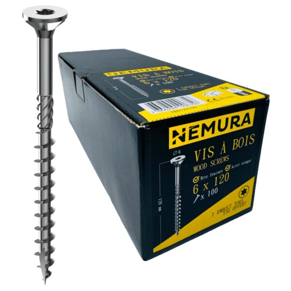 Lot de 100 Vis à Bois 6 x 120 mm - en Acier Zingué à Tête Fraisée - vis à bois Torx - Visses Spéciales pour Bois et Aggloméré- Haute Qualité Durable - Marque Francaise