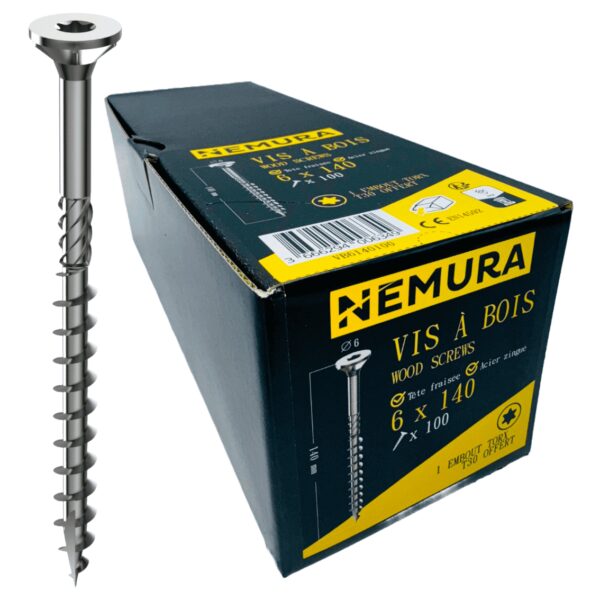 Lot de 100 Vis à Bois 6 x 140 mm - en Acier Zingué à Tête Fraisée - vis à bois Torx - Visses Spéciales pour Bois et Aggloméré- Haute Qualité Durable - Marque Francaise