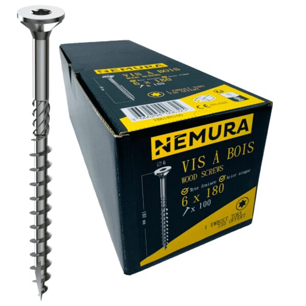 Lot de 100 Vis à Bois 6 x 180 mm - en Acier Zingué à Tête Fraisée - vis à bois Torx - Visses Spéciales pour Bois et Aggloméré- Haute Qualité Durable - Marque Francaise