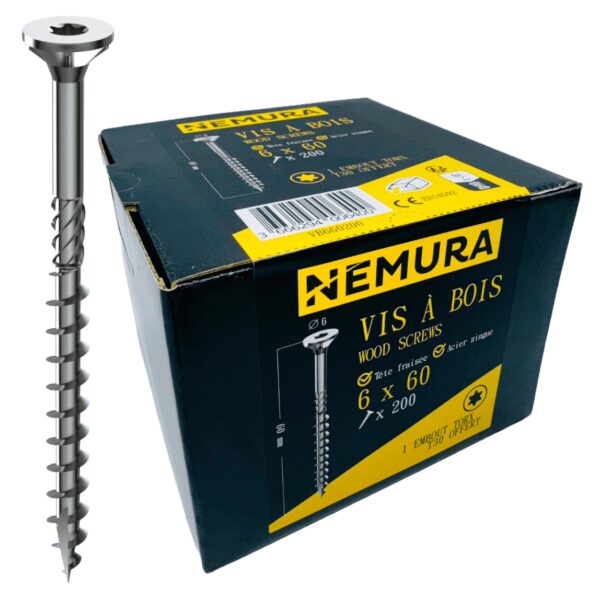Lot de 200 Vis à Bois 6 x 60 mm - en Acier Zingué à Tête Fraisée - vis à bois Torx - Visses Spéciales pour Bois et Aggloméré- Haute Qualité Durable - Marque Francaise