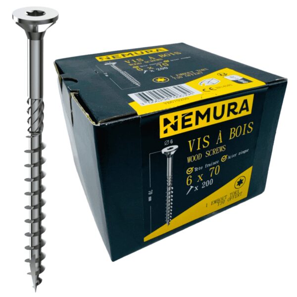 Lot de 200 Vis à Bois 6 x 70 mm - en Acier Zingué à Tête Fraisée - vis à bois Torx - Visses Spéciales pour Bois et Aggloméré- Haute Qualité Durable - Marque Francaise