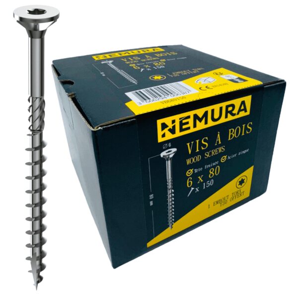 Lot de 150 Vis à Bois 6 x 80 mm - en Acier Zingué à Tête Fraisée - vis à bois Torx - Visses Spéciales pour Bois et Aggloméré- Haute Qualité Durable - Marque Francaise