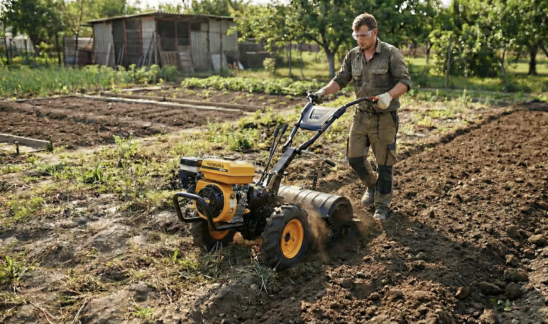 Image de mise en situation dans un jardin du produit : Motoculteur Fraise Arrière 4T - 212cm3 - Largeur de travail 510mm - Marche Avant et Arrière