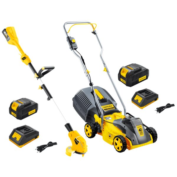 Pack 2 outils Tondeuse 32cm à batterie 40V + Coupe-Bordure à batterie 40V + 2 batteries + 2 chargeurs