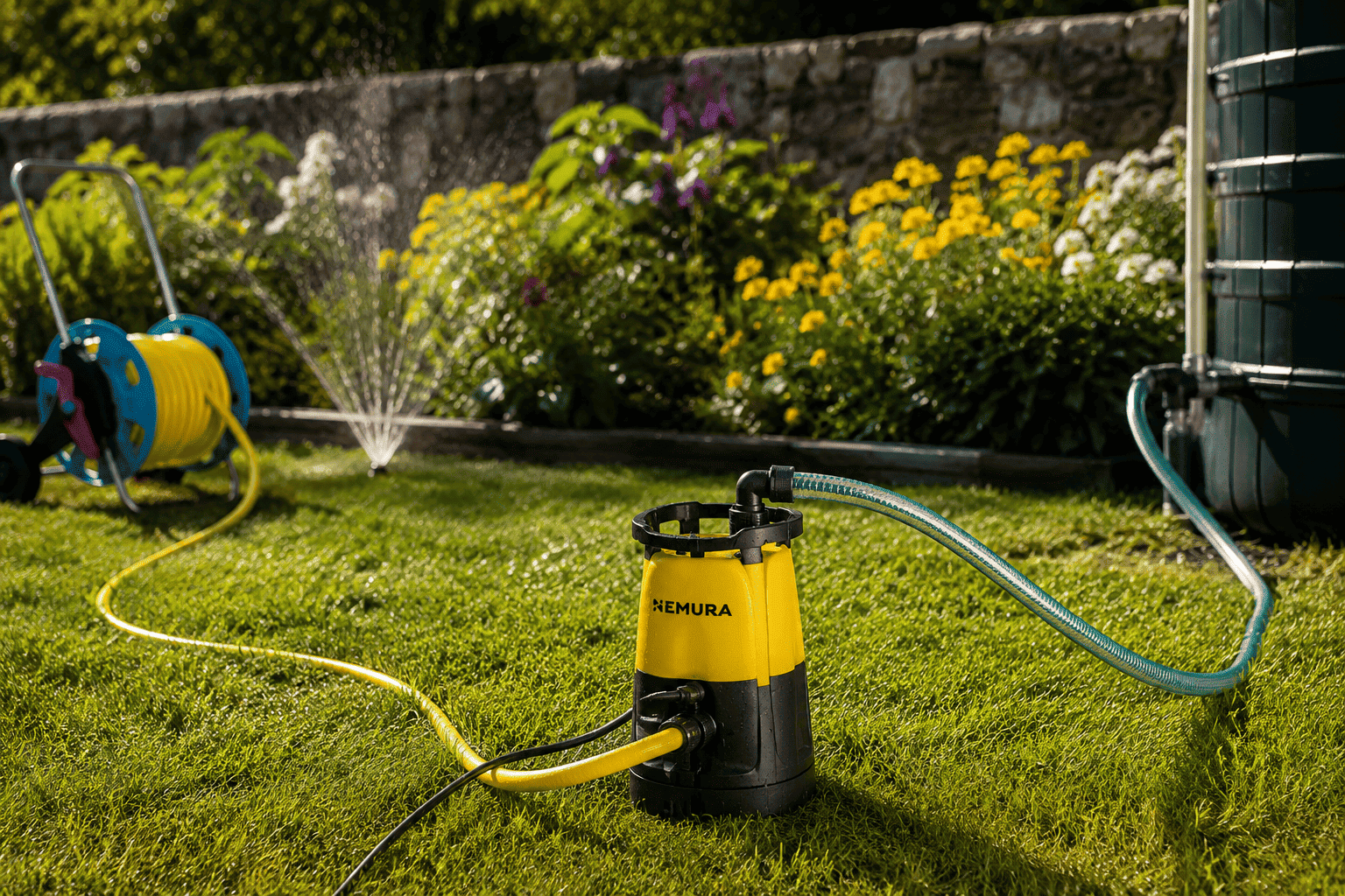 Pompe à eau Némura utilisée pour arroser un jardin pendant les fortes chaleurs