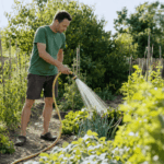 Homme arrosant son potager en été